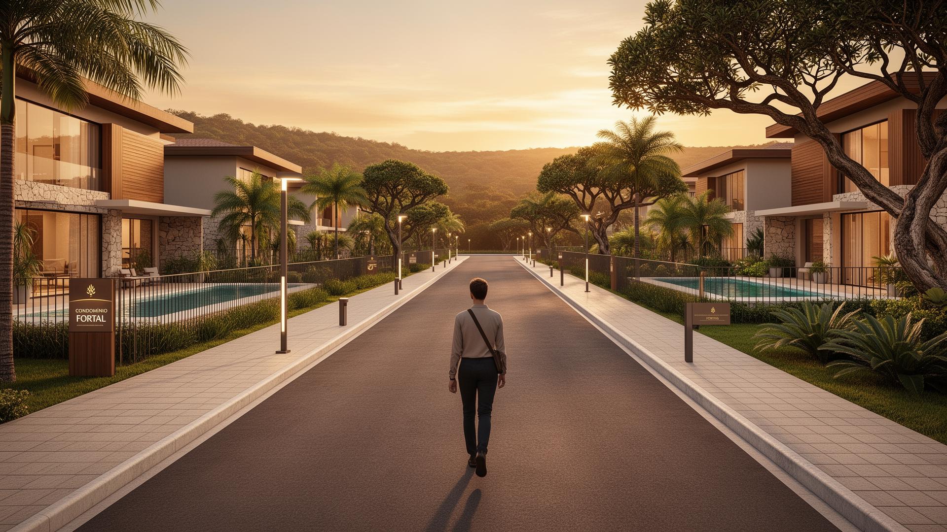 Render 3D mostrando uma pessoa caminhando por uma avenida do Condomínio Fortal ao pôr do sol